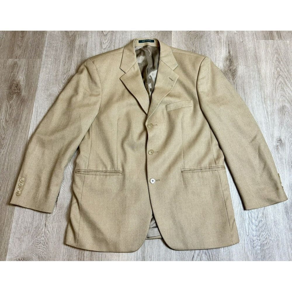 Lauren Ralph Mens Tan Herringbone Blazer Jacket Made in Canada Alpaca Sport Coat